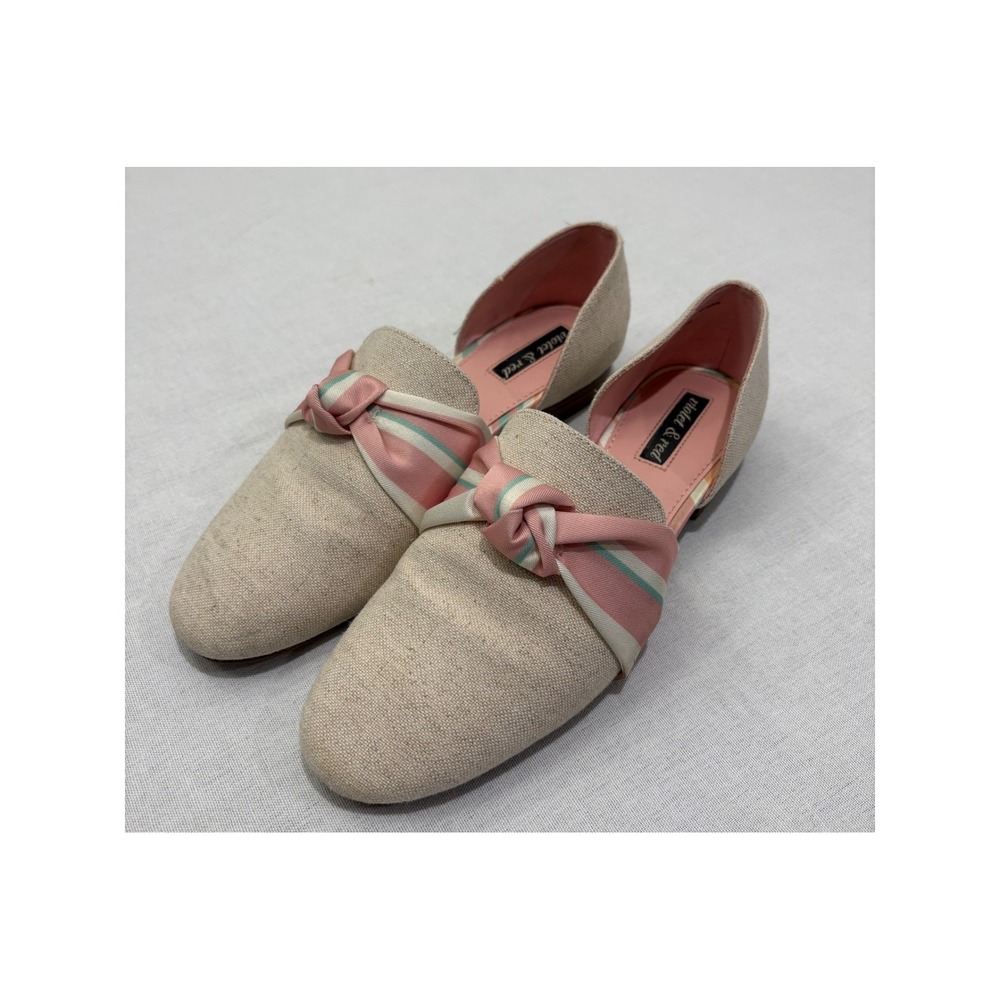 Violet & Red Womens Sabrina Loafer Linen Bow Detail Neutral Pink‎ Stripe Size 8